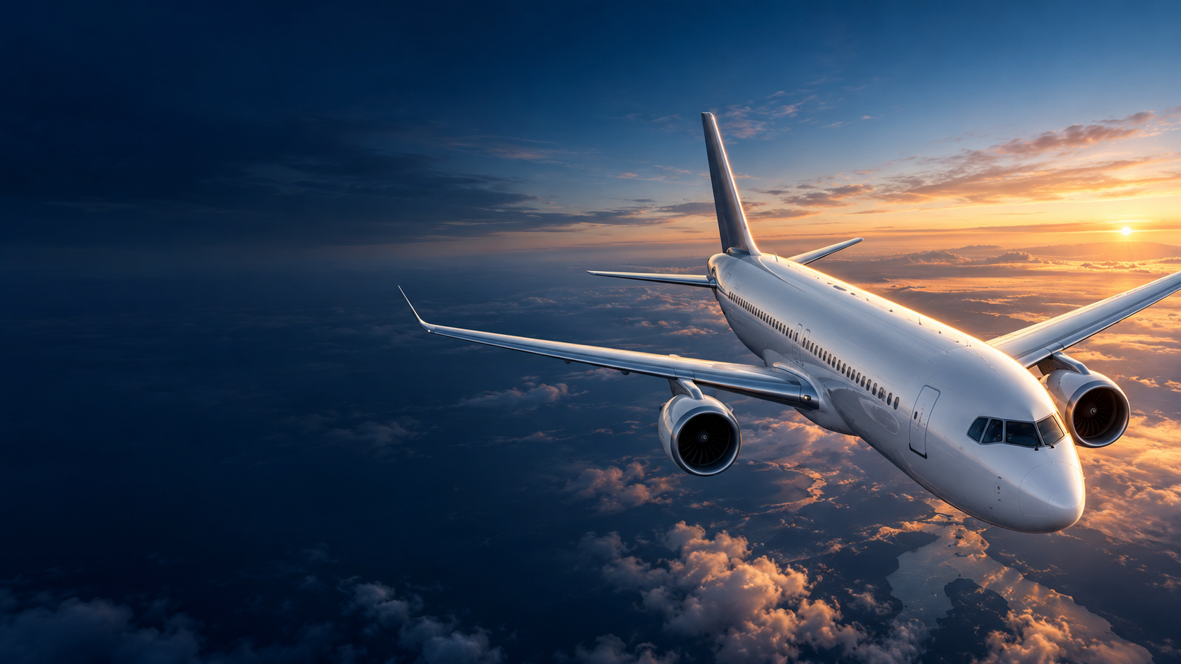 Avion de ligne sans marque survolant les nuages à l’aube.